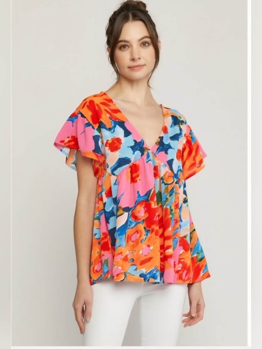 Entro Floral V-Neck Flutter Sleeve Top Size M